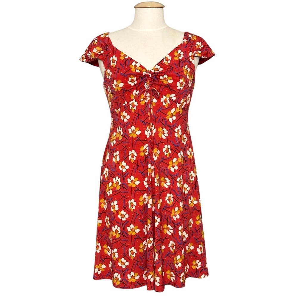 London Times Womens Dress 8 Red Floral Ruched Babydoll Cottage Retro Feminine
